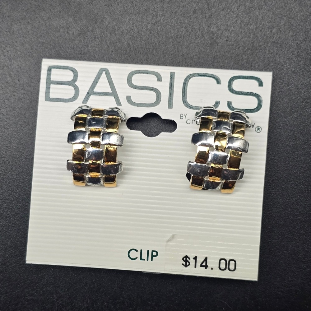 Two Tone Woven Clip On Earrings Huggie Half Hoop Vintage 1990s NOS NWT